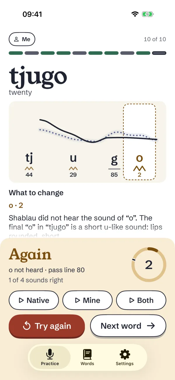 The Practice screen for the word tjugo (twenty). Each sound has a score: tj 44, u 29, g 85, o 2. The o is marked, with the heading What to change and a short explanation of how to say the final o. The result panel says Again, o not heard, pass line 80, 1 of 4 sounds right, with buttons Native, Mine, Both, Try again and Next word.