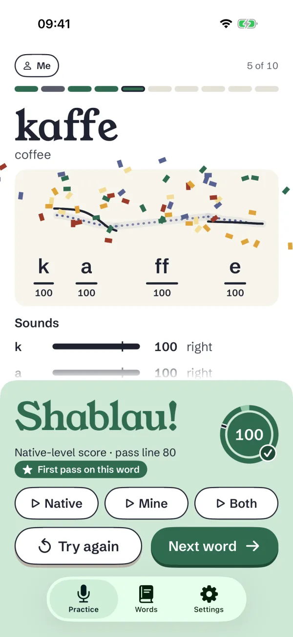 The Practice screen for the word kaffe with confetti. The sounds k, a, ff and e each score 100. The green result panel says Shablau!, Native-level score, pass line 80, First pass on this word, with a score of 100 and the button Next word.